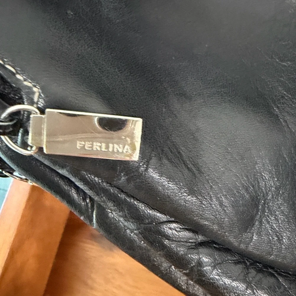 Perlina Black Leather Crossbody Messenger with Silver Accents